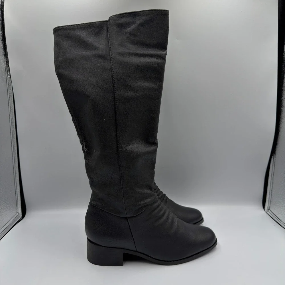 Basic Editions Womens Black Leather Slouchy Tall Boots Size 6 69910 Block Heel